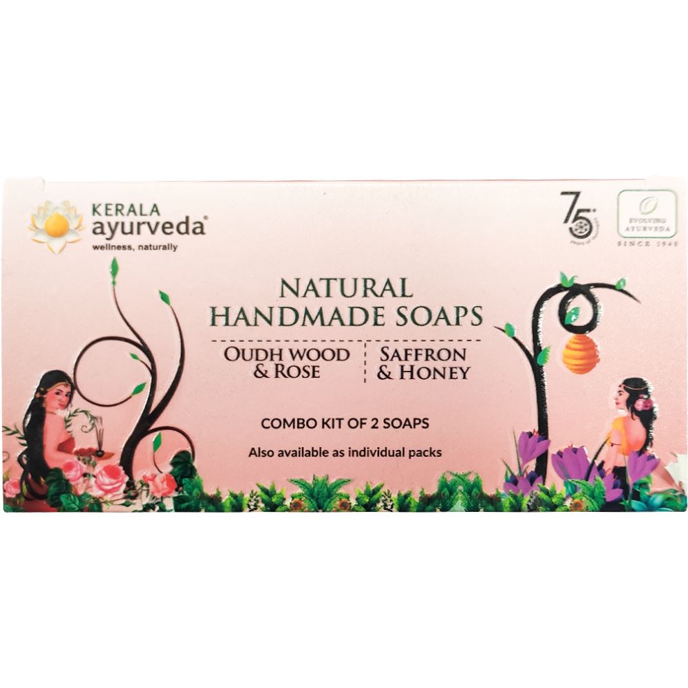 Kerala Ayurveda Natural Handmade Soaps Combo Kit (Oudh Wood & Rose Soap and Saffron & Honey Soap) (1Pack)