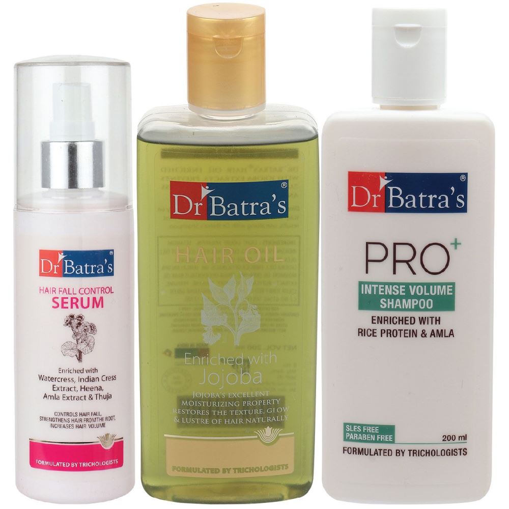 Dr Batras Hair Fall Control Serum, Pro+ Intense Volume Shampoo And Hair Oil Combo (125ML+200ML+200ML) (1Pack)