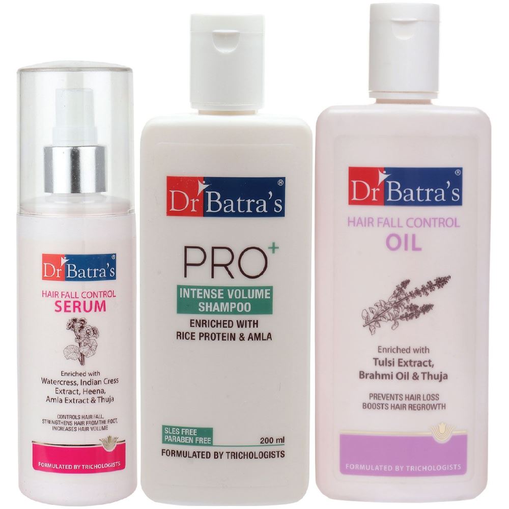 Dr Batras Hair Fall Control Serum, Pro+ Intense Volume Shampoo And Hair Fall Control Oil Combo (125ML+200ML+200ML) (1Pack)
