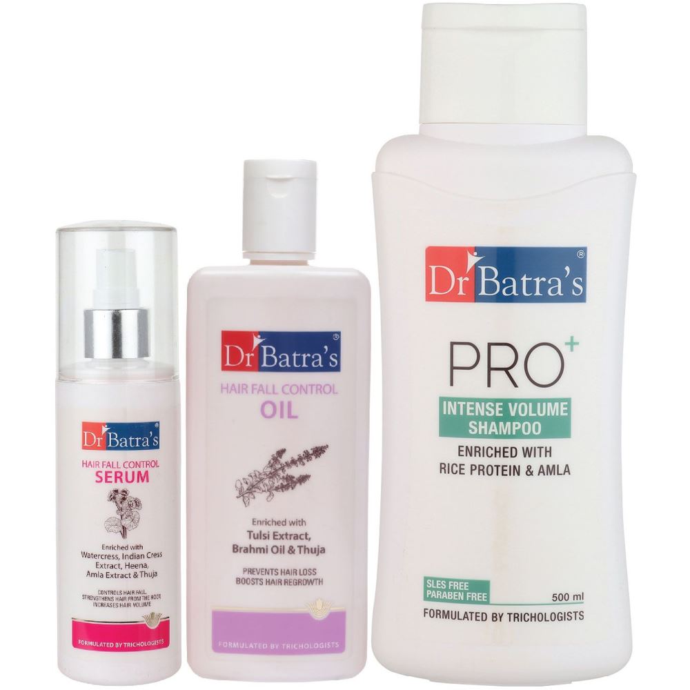 Dr Batras Hair Fall Control Serum, Pro+ Intense Volume Shampoo And Hair Fall Control Oil Combo (125ML+500ML+200ML) (1Pack)