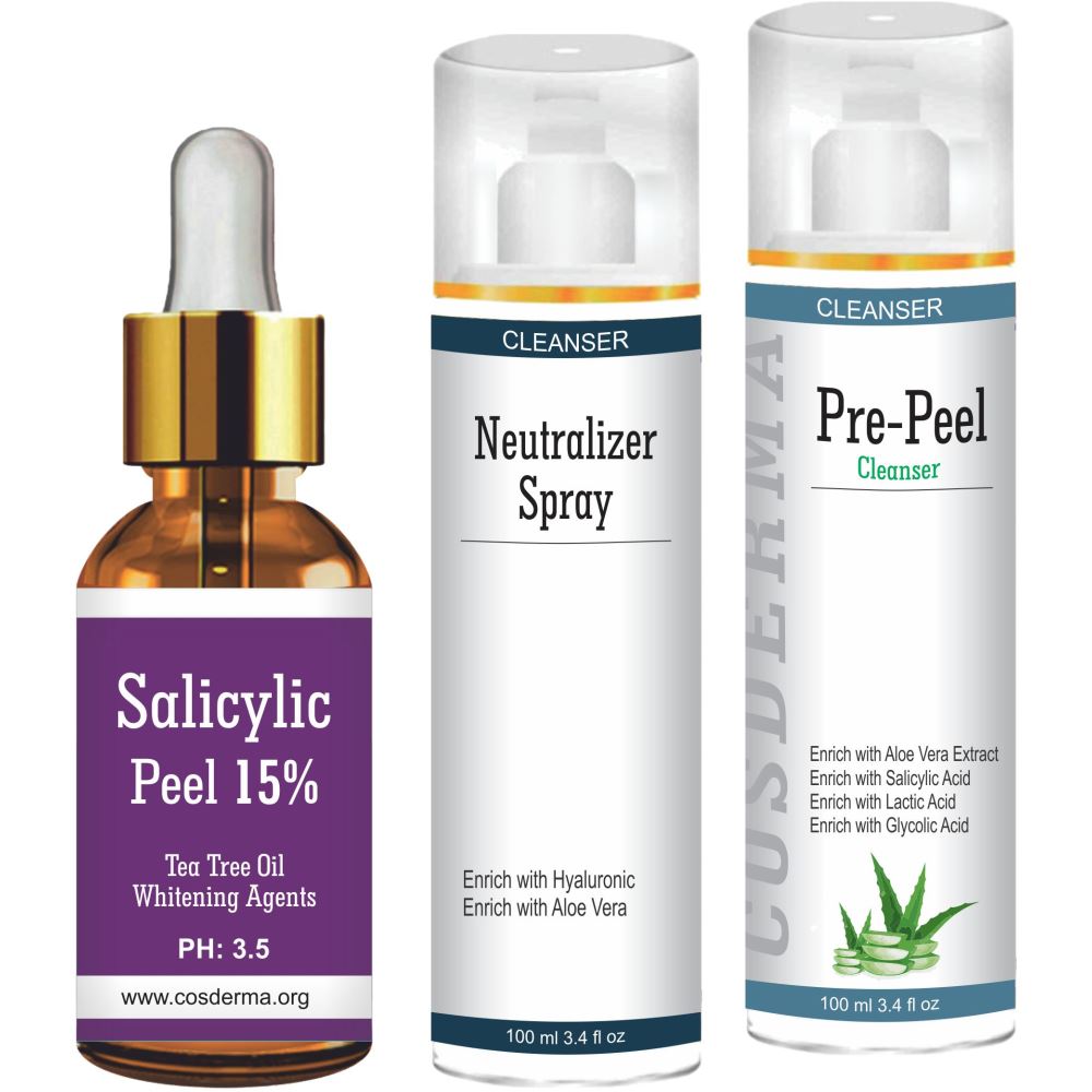 Cosderma Salicylic peel 15%, Neutralizer Spray & Pre Peel Cleanser Combo (1Pack) Cosderma Salicylic peel 15%, Neutralizer Spray & Pre Peel Cleanser Combo (1Pack)