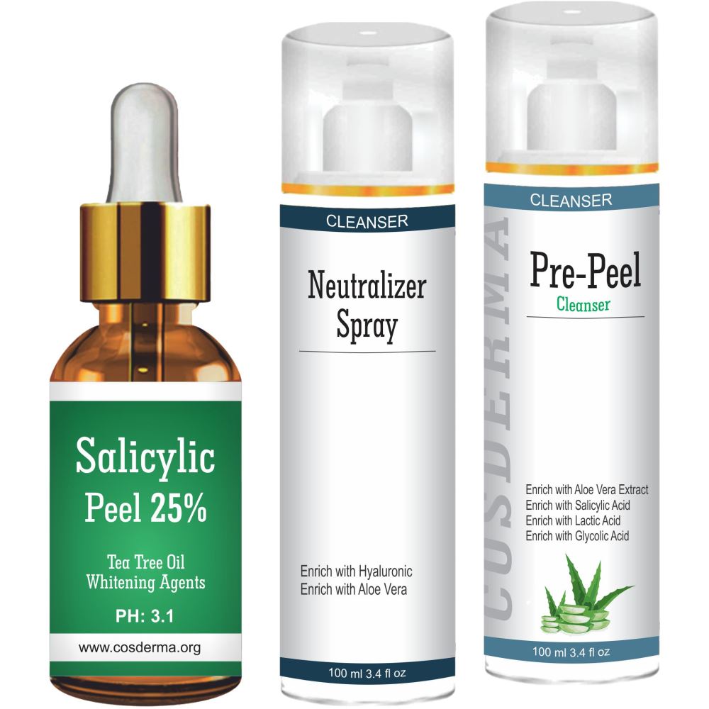 Cosderma Salicylic peel 25%, Neutralizer Spray & Pre Peel Cleanser Combo (1Pack)