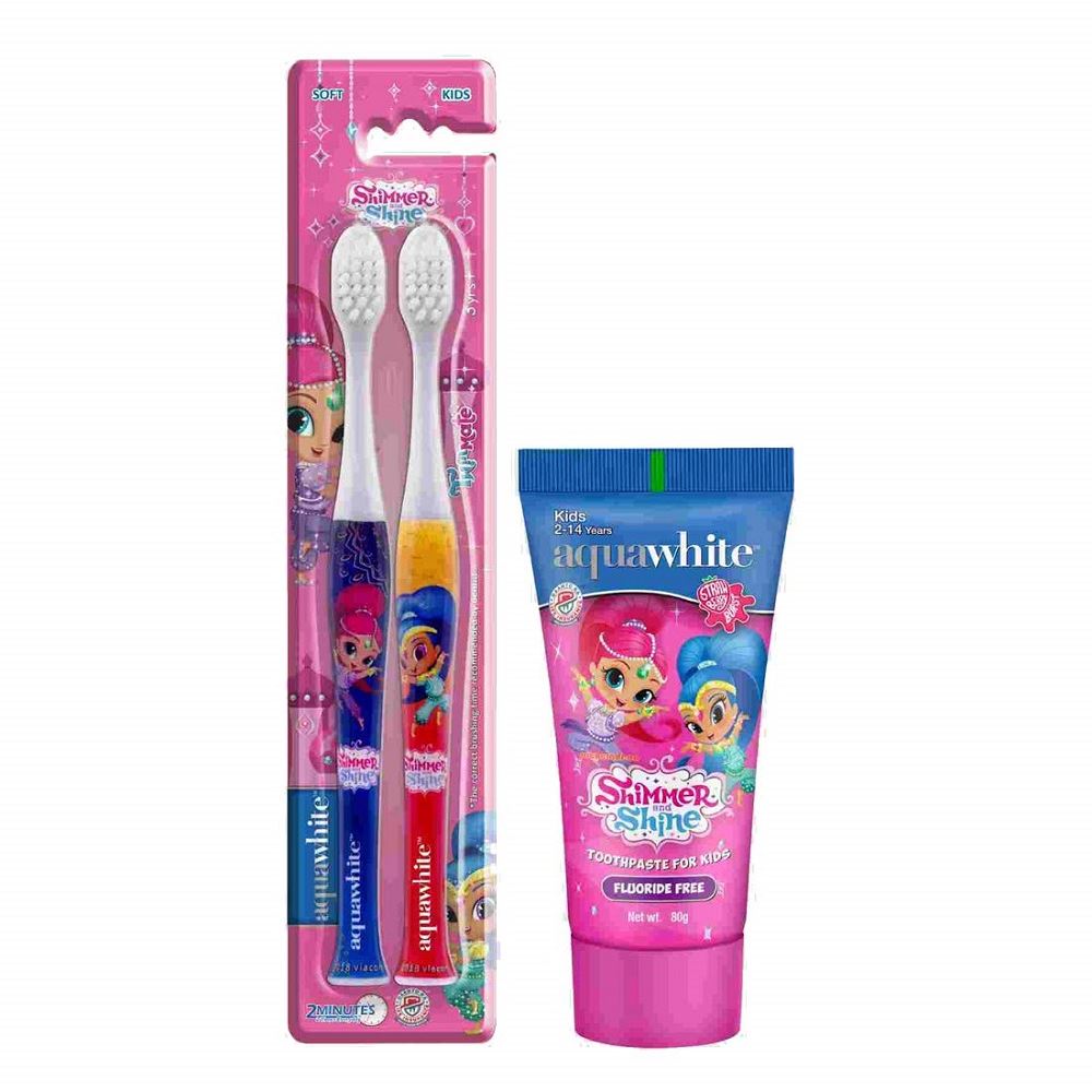 Aquawhite Shimmer & Shine Toothbrush & Strawberry Toothpaste (Age 2-14 Years) Combo (1Pack)