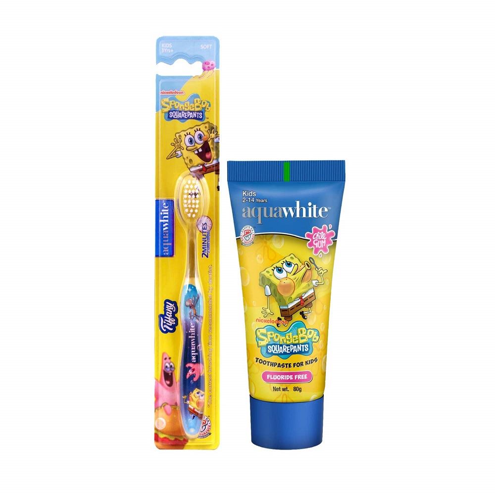 Aquawhite Spongebob Tiffany Toothbrush & Chill Gum Toothpaste (Age 2-14 Years) Combo (1Pack)