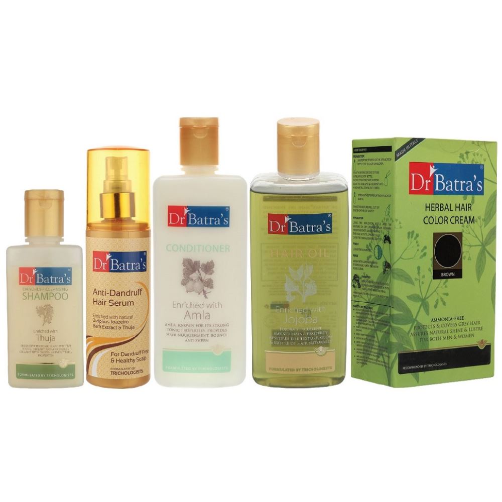 Dr Batras Anti Dandruff Hair Serum, Conditioner, Hair Oil, Herbal Hair Color Cream Brown & Dandruff Cleansing Shampoo Combo (200ml+200ml+200ml+130g+100ml) (1Pack)