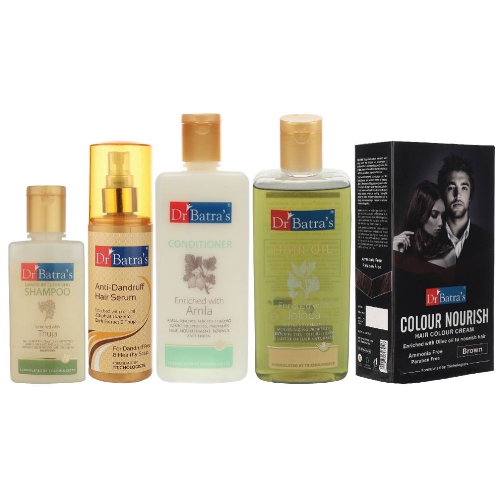 Dr Batras Anti Dandruff Hair Serum, Conditioner, Hair Oil, Nourish Hair Colour Cream Brown & Dandruff Cleansing Shampoo Combo (200ml+200ml+200ml+120g+100ml) (1Pack)