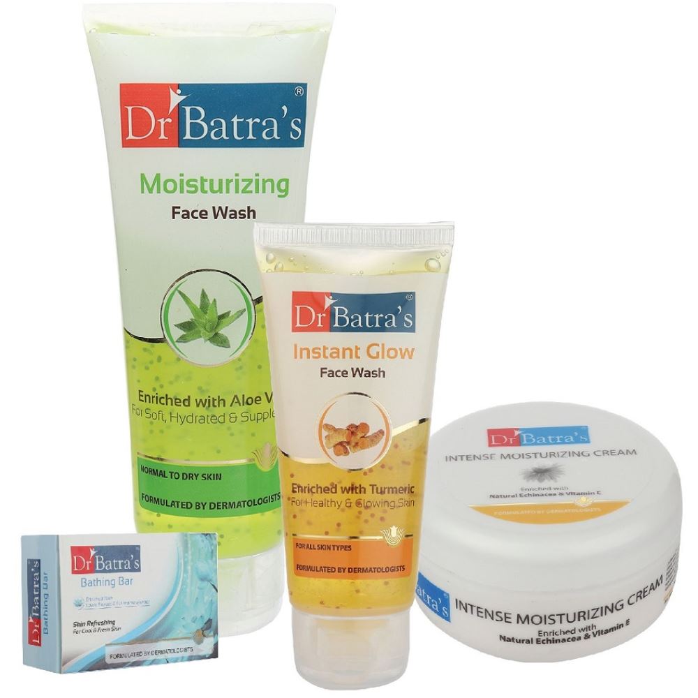 Dr Batras Moisturizing Face Wash, Instant Glow Face Wash, Skin Refreshing Bathing Bar & Intense Moisturizing Cream Combo (100g+50g+125g+100g) (1Pack)