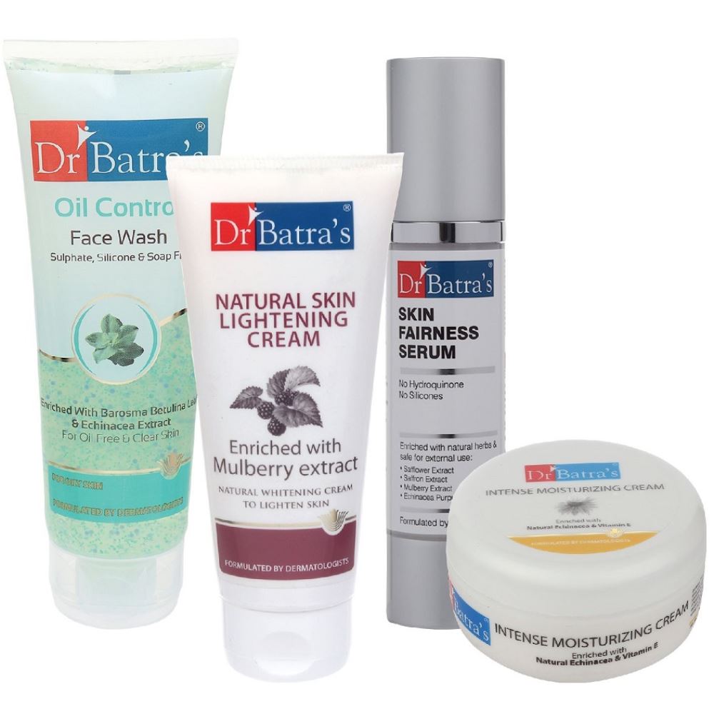 Dr Batras Skin Fairness Serum, Oil Control Face Wash, Natural Skin Lightening Cream & Intense Moisturizing Cream Combo (50g+100g+100g+100g) (1Pack)