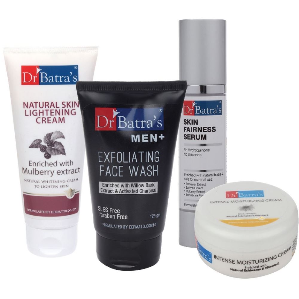 Dr Batras Skin Fairness Serum, Men+ Exfoliating Face Wash, Natural Skin Lightening Cream & Intense Moisturizing Cream Combo (50g+125g+100g+100g) (1Pack)