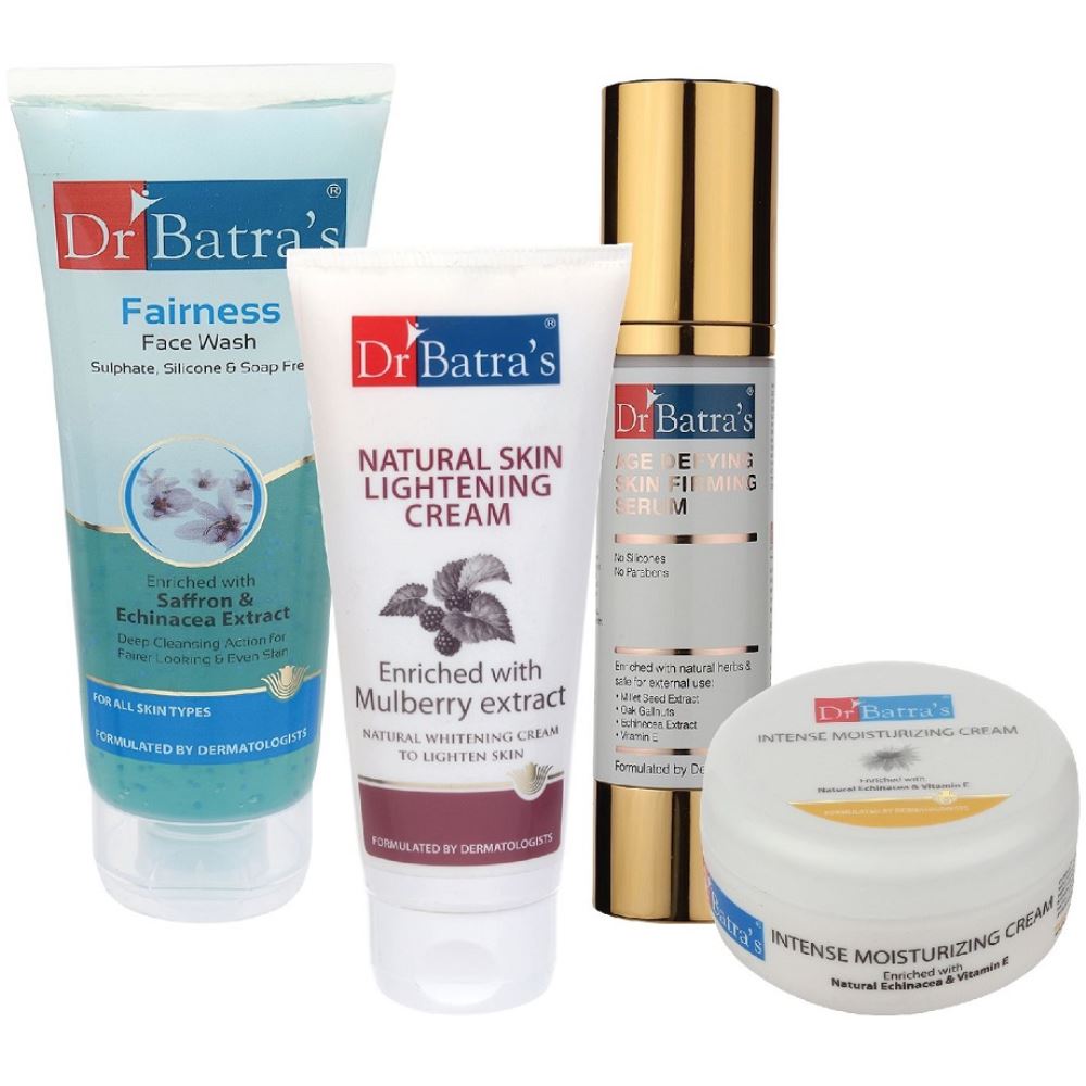 Dr Batras Age Defying Skin Firming Serum, Fairness Face Wash, Natural Skin Lightening Cream & Intense Moisturizing Cream Combo (50g+100g+100g+100g) (1Pack)