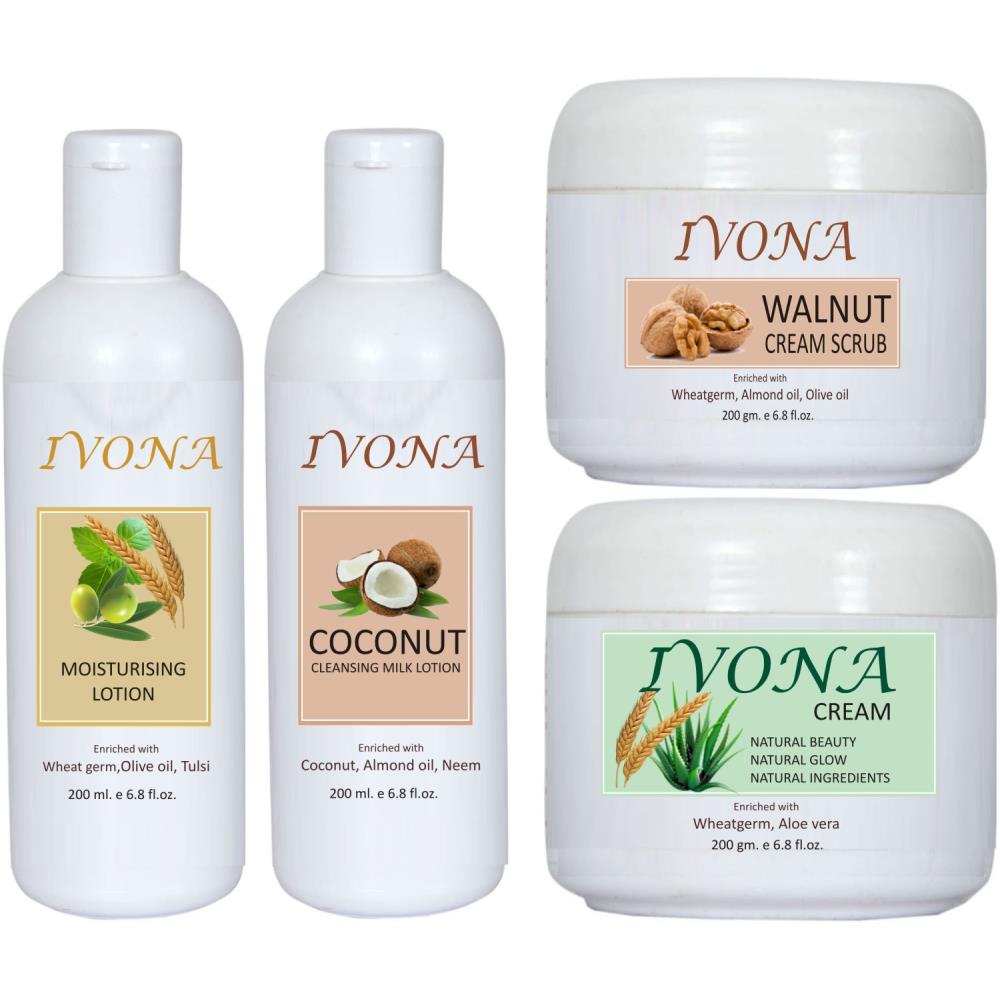 Ivona Moisturising Lotion(200Ml) & Coconut Lotion(200Ml)& Walnut Scrub Cream(200G)& Cream(200G) Combo Pack (1Pack)