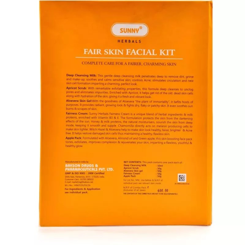 Bakson Sunny Fair Skin Facial Kit (Cleansing Milk 50ml + Scrub 50gm + Gel 50gm + Cream 50gm + Face Pack 50gm) (1Pack)