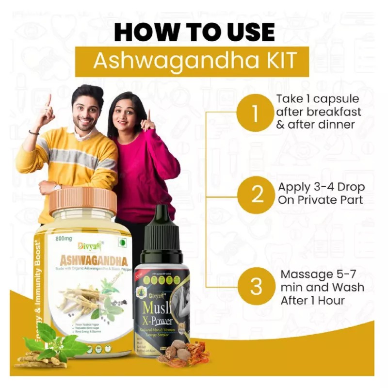 Divya Shree Ashwagandha Capsule & Musli X-Power Oil (60Capsule + 30ml) (1Pack)