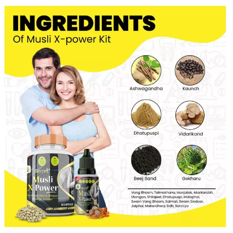Divya Shree Musli X-Powder Capsule & Musli X-Powder Oil (60Cap + 30ml Oil) (1Pack)