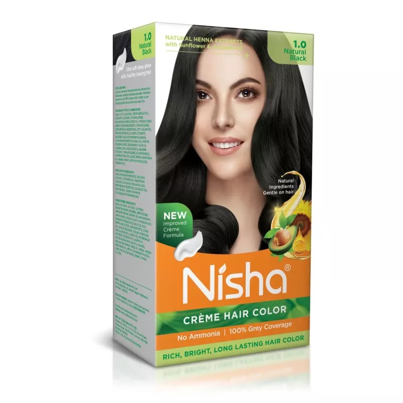 Nisha Creme Hair Color 1.0 Natural Black (Developer 60ml + Colorant Tube 60gm + Conditioner 6ml + Glove) (1Pack)