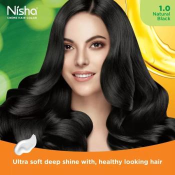 Nisha Creme Hair Color 1.0 Natural Black (Developer 60ml + Colorant Tube 60gm + Conditioner 6ml + Glove) (1Pack)