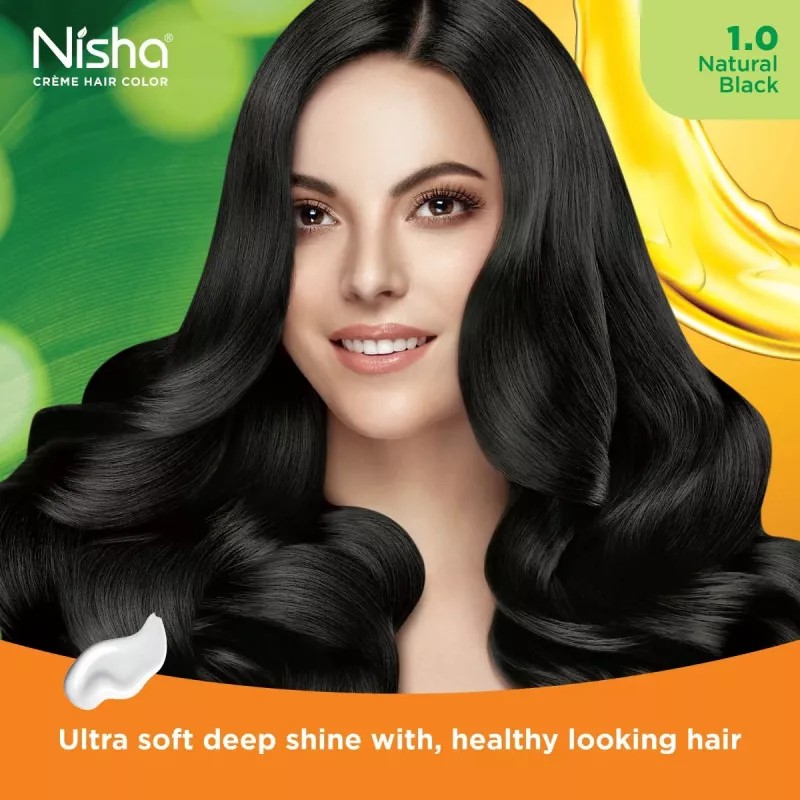Nisha Creme Hair Color 1.0 Natural Black (Developer 60ml + Colorant Tube 60gm + Conditioner 6ml + Glove) (1Pack)