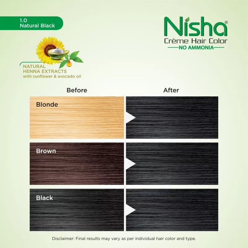 Nisha Creme Hair Color 1.0 Natural Black (Developer 60ml + Colorant Tube 60gm + Conditioner 6ml + Glove) (1Pack)