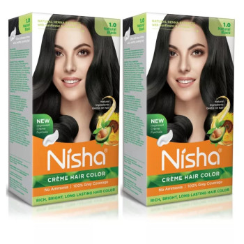 Nisha Creme Hair Color 1.0 Natural Black (Developer 60ml + Colorant Tube 60gm + Conditioner 6ml + Glove) (1Pack, Pack of 2)