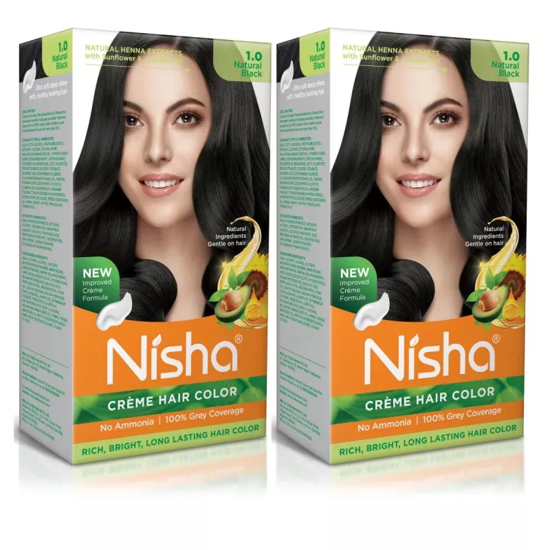 Nisha Creme Hair Color 1.0 Natural Black (Developer 60ml + Colorant Tube 60gm + Conditioner 6ml + Glove) (1Pack, Pack of 2)
