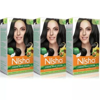Nisha Creme Hair Color 1.0 Natural Black (Developer 60ml + Colorant Tube 60gm + Conditioner 6ml + Glove) (1Pack, Pack of 3)