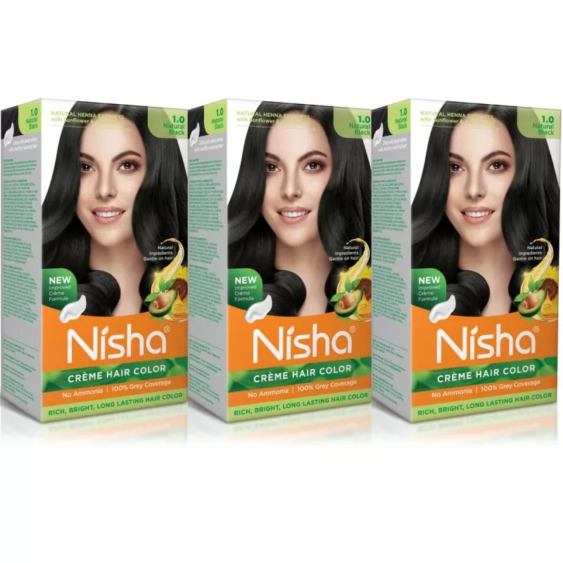 Nisha Creme Hair Color 1.0 Natural Black (Developer 60ml + Colorant Tube 60gm + Conditioner 6ml + Glove) (1Pack, Pack of 3)