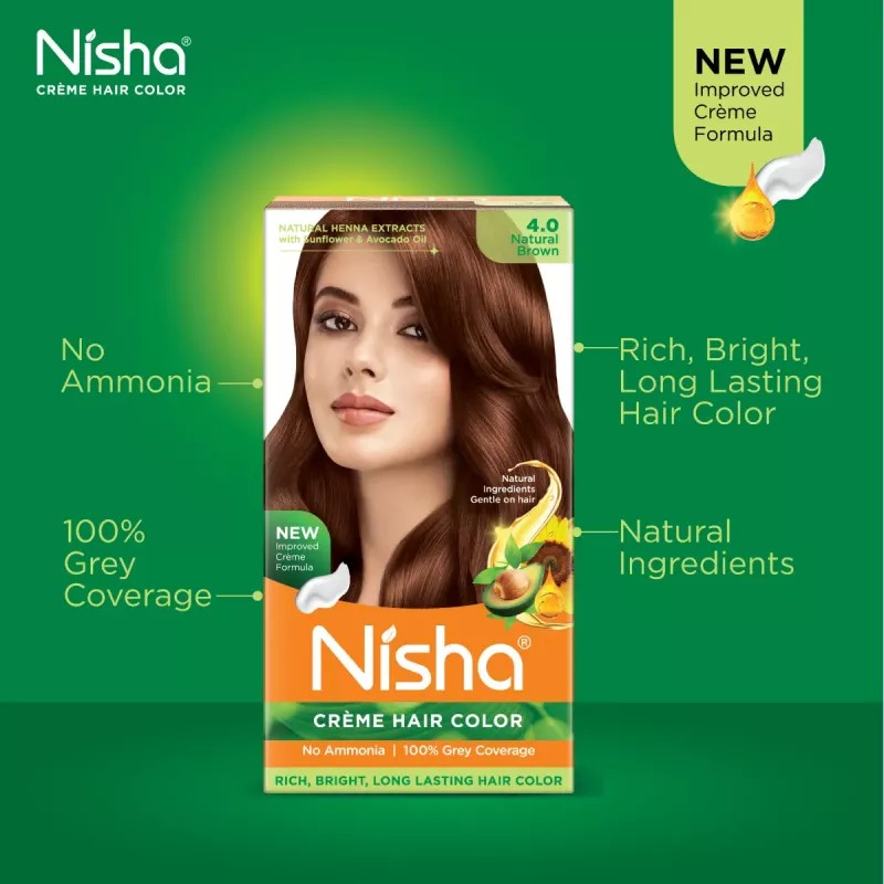 Nisha Creme Hair Color 4.0 Natural Brown (Developer 60ml + Colorant Tube 60gm + Conditioner 6ml + Glove) (1Pack, Pack of 2)