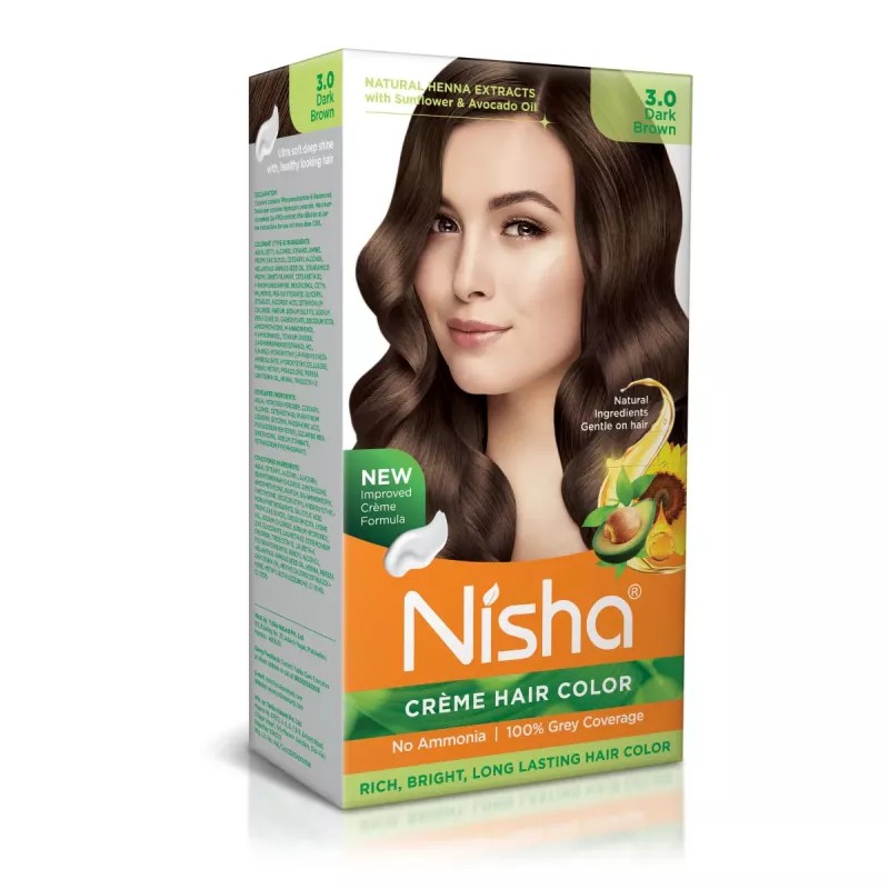 Nisha Creme Hair Color 3.0 Dark Brown (Developer 60ml + Colorant Tube 60gm + Conditioner 6ml + Glove) (1Pack)