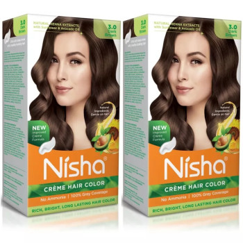 Nisha Creme Hair Color 3.0 Dark Brown (Developer 60ml + Colorant Tube 60gm + Conditioner 6ml + Glove) (1Pack, Pack of 2)