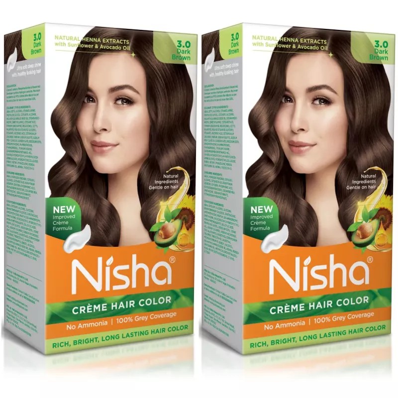 Nisha Creme Hair Color 3.0 Dark Brown (Developer 60ml + Colorant Tube 60gm + Conditioner 6ml + Glove) (1Pack, Pack of 2)