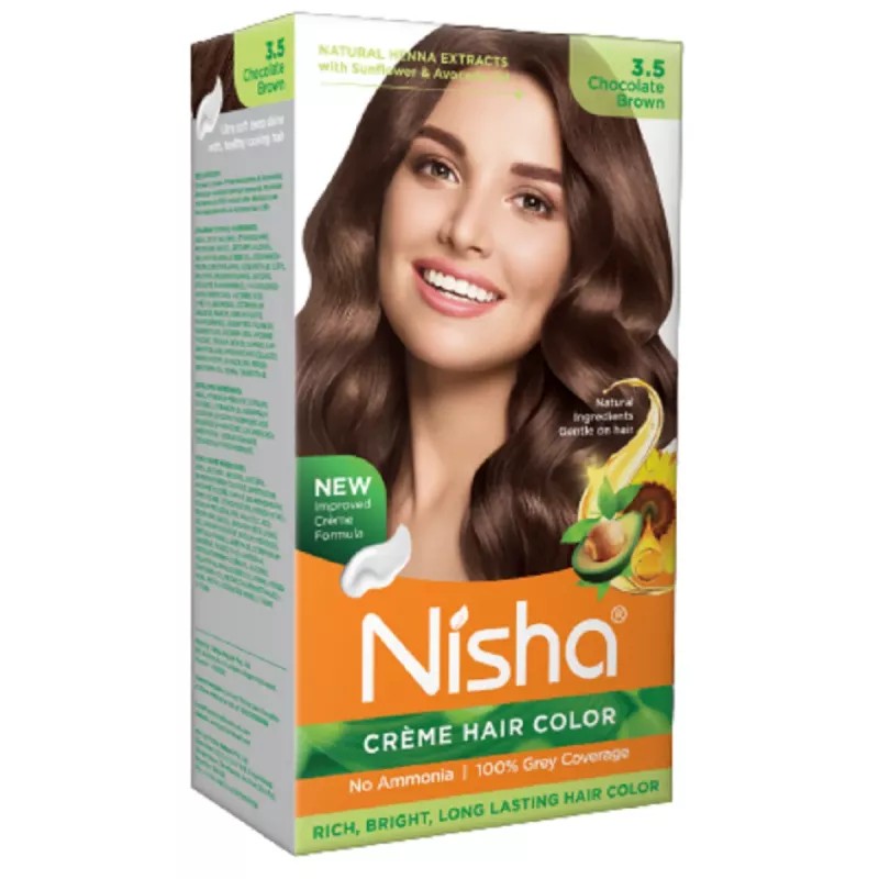 Nisha Creme Hair Color 3.5 Chocolate Brown (Developer 60ml + Colorant Tube 60gm + Conditioner 6ml + Glove) (1Pack)
