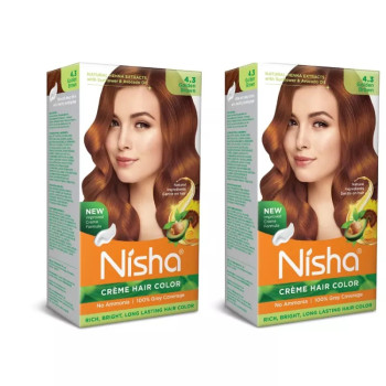 Nisha Creme Hair Color 4.3 Golden Brown (Developer 60ml + Colorant Tube 60gm + Conditioner 6ml + Glove) (1Pack, Pack of 2)
