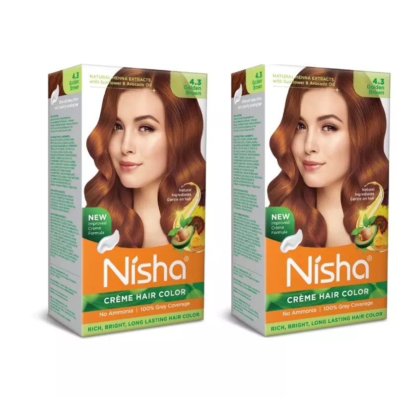 Nisha Creme Hair Color 4.3 Golden Brown (Developer 60ml + Colorant Tube 60gm + Conditioner 6ml + Glove) (1Pack, Pack of 2)