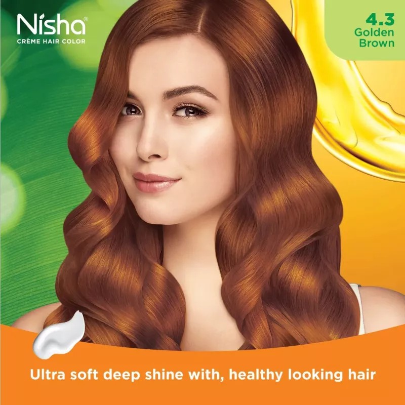 Nisha Creme Hair Color 4.3 Golden Brown (Developer 60ml + Colorant Tube 60gm + Conditioner 6ml + Glove) (1Pack, Pack of 2)