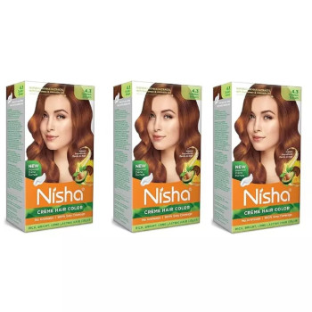 Nisha Creme Hair Color 4.3 Golden Brown (Developer 60ml + Colorant Tube 60gm + Conditioner 6ml + Glove) (1Pack, Pack of 3)