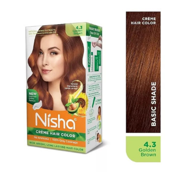 Nisha Creme Hair Color 4.3 Golden Brown (Developer 60ml + Colorant Tube 60gm + Conditioner 6ml + Glove) (1Pack, Pack of 3)