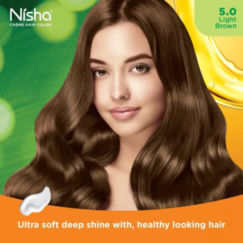 Nisha Creme Hair Color 5.0 Light Brown (Developer 60ml + Colorant Tube 60gm + Conditioner 6ml + Glove) (1Pack)