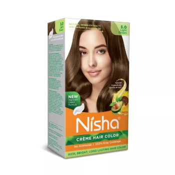 Nisha Creme Hair Color 5.0 Light Brown (Developer 60ml + Colorant Tube 60gm + Conditioner 6ml + Glove) (1Pack, Pack of 2)