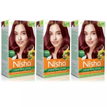 Nisha Creme Hair Color 3.16 Burgundy (Developer 60ml + Colorant Tube 60gm + Conditioner 6ml + Glove) (1Pack, Pack of 3)