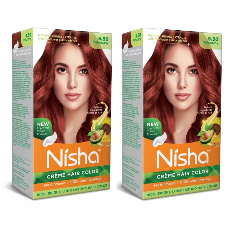 Nisha Creme Hair Color 5.50 Mahogany (Developer 60ml + Colorant Tube 60gm + Conditioner 6ml + Glove) (1Pack, Pack of 2)