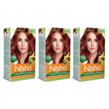 Nisha Creme Hair Color 5.50 Mahogany (Developer 60ml + Colorant Tube 60gm + Conditioner 6ml + Glove) (1Pack, Pack of 3)