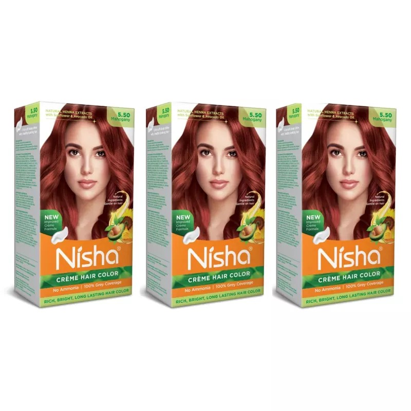Nisha Creme Hair Color 5.50 Mahogany (Developer 60ml + Colorant Tube 60gm + Conditioner 6ml + Glove) (1Pack, Pack of 3)