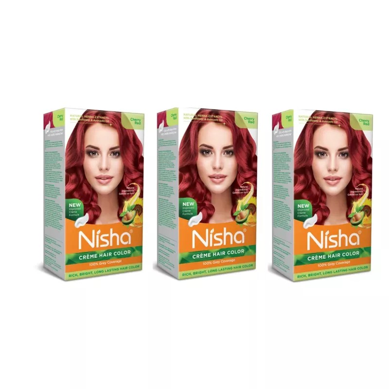 Nisha Creme Hair Color Cherry Red (Developer 60ml + Colorant Tube 60gm + Conditioner 6ml + Glove) (1Pack, Pack of 3)