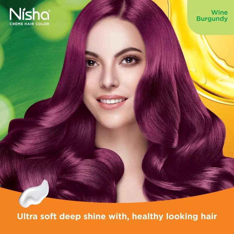 Nisha Creme Hair Color Wine Burgundy (Developer 60ml + Colorant Tube 60gm + Conditioner 6ml + Glove) (1Pack)