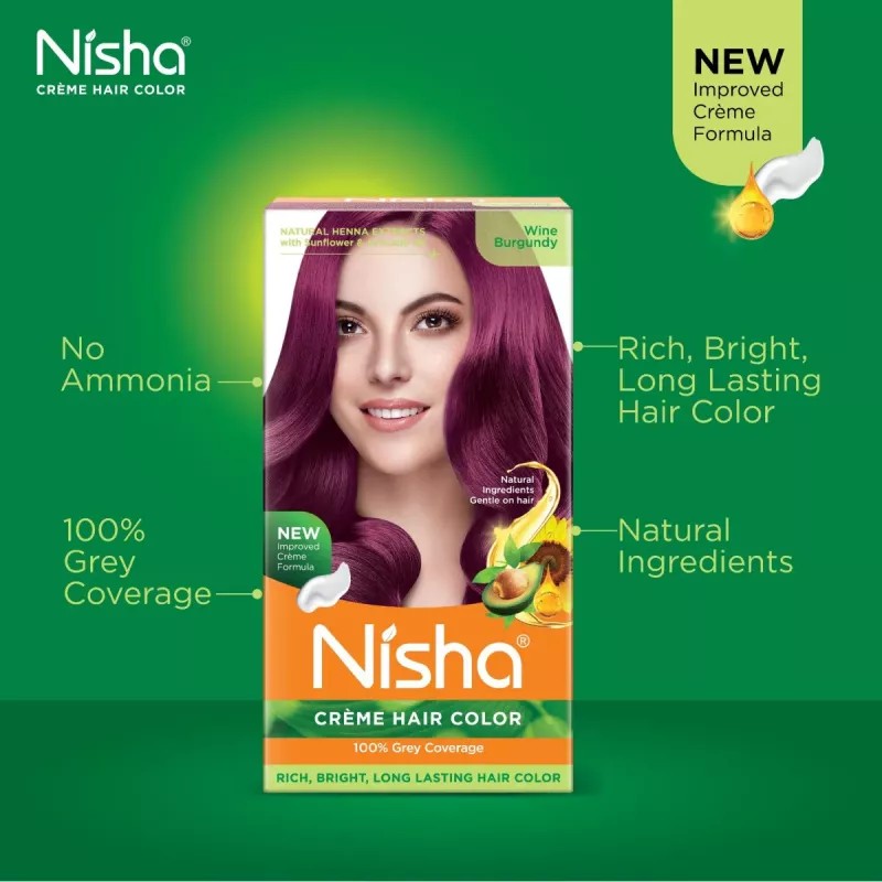 Nisha Creme Hair Color Wine Burgundy (Developer 60ml + Colorant Tube 60gm + Conditioner 6ml + Glove) (1Pack)