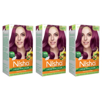 Nisha Creme Hair Color Wine Burgundy (Developer 60ml + Colorant Tube 60gm + Conditioner 6ml + Glove) (1Pack, Pack of 3)