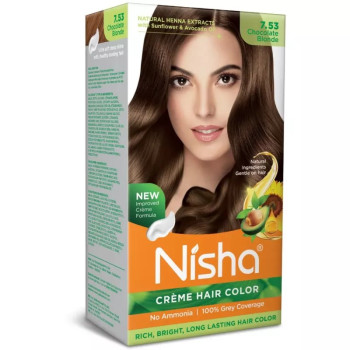 Nisha Creme Hair Color 7.53 Chocolate Blonde (Developer 60ml + Colorant Tube 60gm + Conditioner 6ml + Glove) (1Pack)