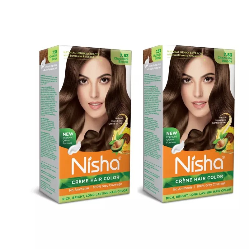 Nisha Creme Hair Color 7.53 Chocolate Blonde (Developer 60ml + Colorant Tube 60gm + Conditioner 6ml + Glove) (1Pack, Pack of 2)