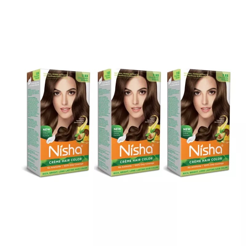 Nisha Creme Hair Color 7.53 Chocolate Blonde (Developer 60ml + Colorant Tube 60gm + Conditioner 6ml + Glove) (1Pack, Pack of 3)