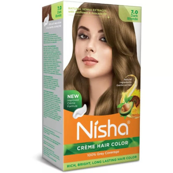 Nisha Creme Hair Color 7.0 Dark Blonde (Developer 60ml + Colorant Tube 60gm + Conditioner 6ml + Glove) (1Pack)
